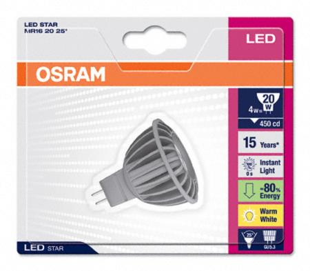 Osram LED-Strahler STAR MR16 20 25� 4W 12V GU5,3 120 Lumen  Warmweiss