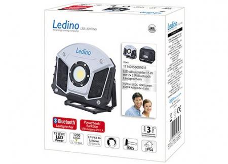 Aktion: Nur noch angezeigter Bestand verfügbar - Ledino Profi LED-Akkustrahler HORN 15W mit Music Bluetooth Baustrahler mit Powerbank