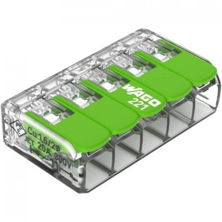 WAGO 221-425 Verbindungsklemme mit Hebeln 5-polig 4 mm² transparent