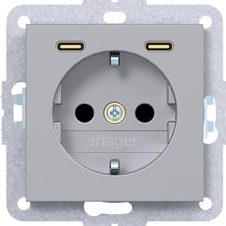 Hager Stkd SCHUKO USB-C 2f 20W A.x/C.x tit met