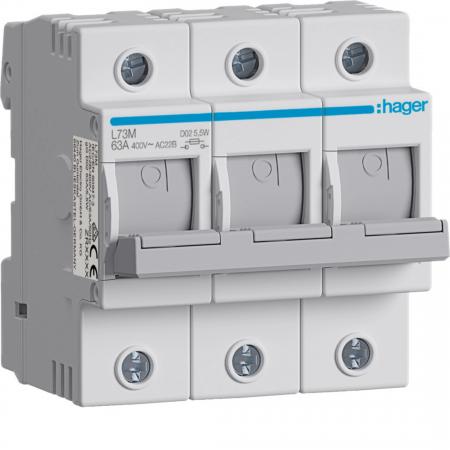 Hager Lasttrennschalter für Sicherungen D02 E18, 63A, AC400V, 3-polig, für Hutsc