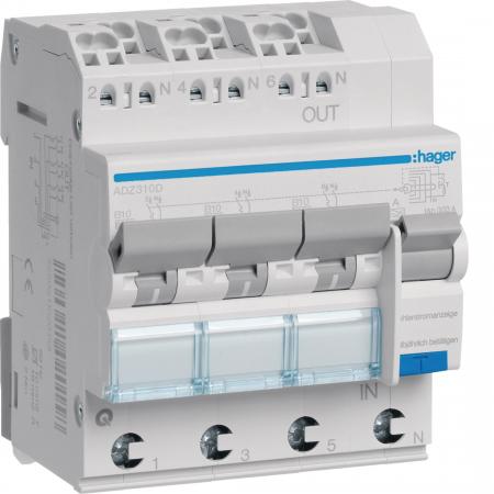 Hager FI-LS 3X 1P+N 6kA B-10A 30mA Typ A QC