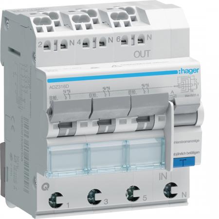 Hager Fehlerstrom-Leitungsschutzschalter, FiLS-Schalter, 3x(1P+N) 6kA B-16A 30mA