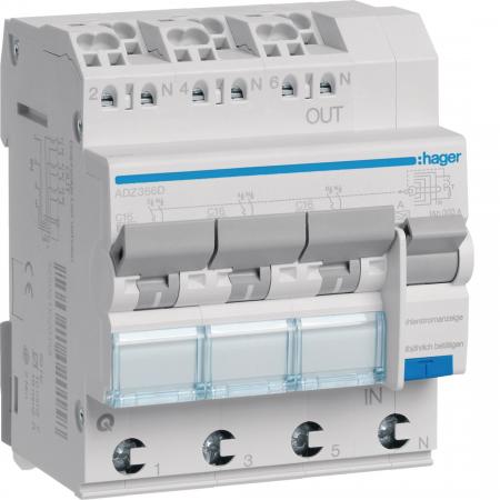 Hager Fehlerstrom-Leitungsschutzschalter, FiLS-Schalter, 3x(1P+N) 6kA C-16A 30mA