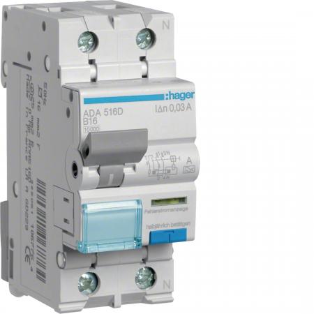Hager Fehlerstrom-Leitungsschutzschalter, FI/LS-Schalter, 1P+N 10kA B-16A 30mA T