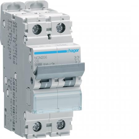 Hager LS-Schalter 2 polig 10kA/15kA C-6A 2M
