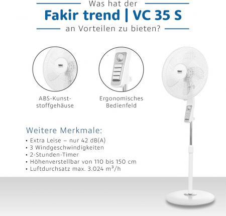 Fakir SDA 6958009 Standventilator VC 35 S in Weiß 3 Stufen, Timer, höhenverstellbar
