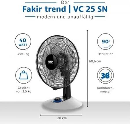 Fakir Trend Tischventilator VC 25 SN  in Weiß/Schwarz 4 Stufen, Oszillation horizontal, einstellbarer Neigungswinkel