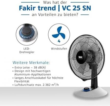 Fakir Trend Tischventilator VC 25 SN  in Weiß/Schwarz 4 Stufen, Oszillation horizontal, einstellbarer Neigungswinkel
