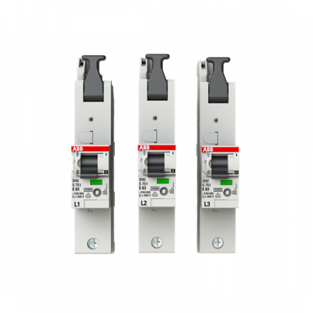 ABB S751-E63 Hauptleitungsschutzschalter SH-Schalter E-Charakteristik, 25kA, 63A, 1P, Set L1, L2, L3 1 Satz = 3 einzelne Pole L1, L2, L3
