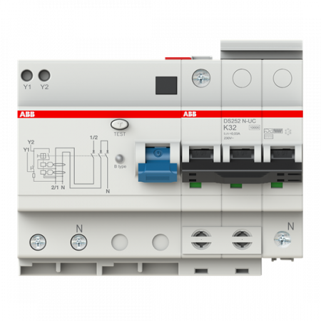 ABB DS252N-UC-K32/0.03 FI/LS-Kombination, Typ B, 10 kA, 2P/N-UC, K 32 A, 30 mA, allstromsensitiv, kurzzeitverzögert