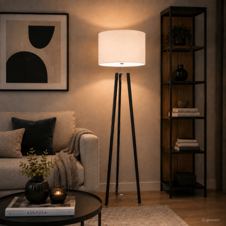 Helestra CERTO Stehleuchte Tripod E27 60W Ø45cm 168cm Mattschwarz Chrom Weiß mit Schalter