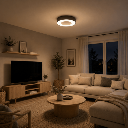 Helestra LOMO LED-Deckenleuchte Ø 45 cm, 34 W, 2800 K Warmweiß, 2500 lm, CRI >90, dimmbar, Chintz Anthrazit, CASAMBI Smart