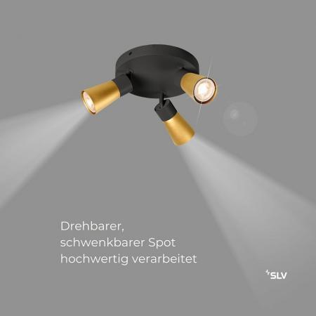 SLV 1008337 PURI 2.0 Cone, Wand- und Deckenaufbauleuchte, rund, 3 x max. 6 W GU10, schwarz / gold