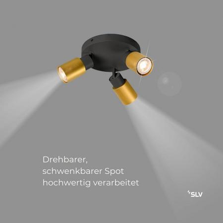SLV 1008333 PURI 2.0 Tube, Wand- und Deckenaufbauleuchte, rund, 3 x max. 6 W GU10, schwarz / gold