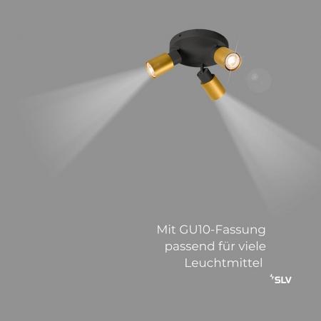 SLV 1008333 PURI 2.0 Tube, Wand- und Deckenaufbauleuchte, rund, 3 x max. 6 W GU10, schwarz / gold