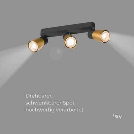 SLV 1008329 PURI 2.0 Dome, Wand- und Deckenaufbauleuchte, long, 3 x max. 6 W GU10, schwarz / gold
