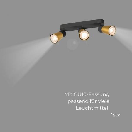 SLV 1008325 PURI 2.0 Cone, Wand- und Deckenaufbauleuchte, long, 3 x max. 6 W GU10, schwarz / gold