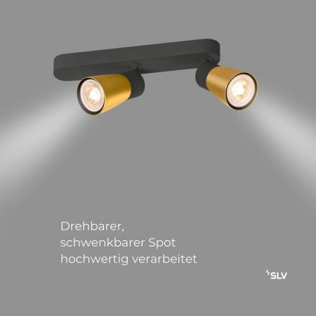 SLV 1008317 PURI 2.0 Dome, Wand- und Deckenaufbauleuchte, asymmetrisch, 2 x max. 6 W GU10, schwarz / gold