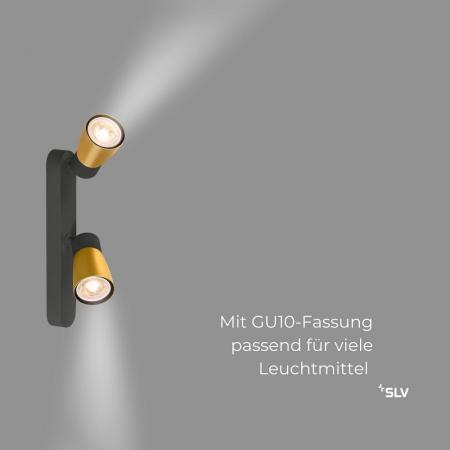 SLV 1008317 PURI 2.0 Dome, Wand- und Deckenaufbauleuchte, asymmetrisch, 2 x max. 6 W GU10, schwarz / gold
