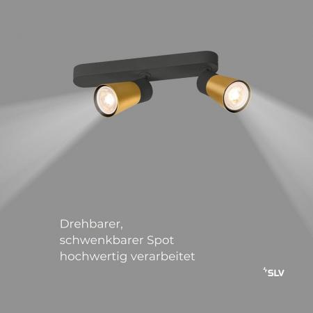 SLV 1008313 PURI 2.0 Cone, Wand- und Deckenaufbauleuchte, asymmetrisch, 2 x max. 6 W GU10, schwarz / gold