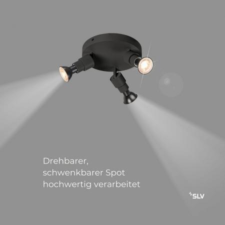 SLV 1008237 PURI 2.0 Basic, Wand- und Deckenaufbauleuchte, rund, 3 x max. 6 W GU10, schwarz