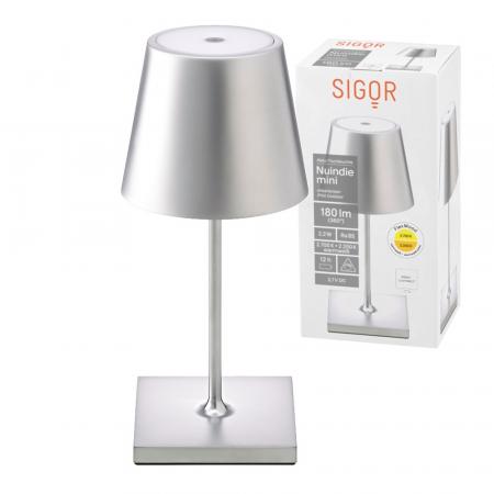 Sigor Mini Akku-Tischleuchte NUINDIE rund silber dimmbar 25cm IP54 In- & Outdoor