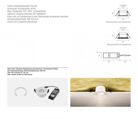 Sigor Einbauleuchte Argent IP54 BM68/83mm schwarz IP54 8W 3000-2000K 36° 430lm Ra90 360° schwenkbar - Dim-To-Warm