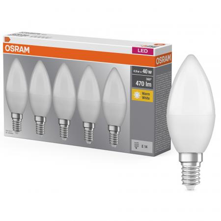 5er Sparset E14 OSRAM LED BASE Classic LED Kerzen Lampe MATT 4,9W wie 40W warmweisses Licht