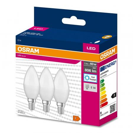 3er Pack OSRAM E14 LED Lampe in Kerzenform matt 7,5W wie 60W kaltweißes Licht 6500K