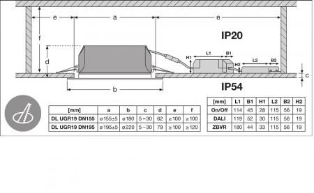 LEDVANCE Downlight DL UGR19 PFM DN195 21 W 830 WT IP54 DALI Einbaudurchmesser 195,0 mm, Einbautiefe 120 mm