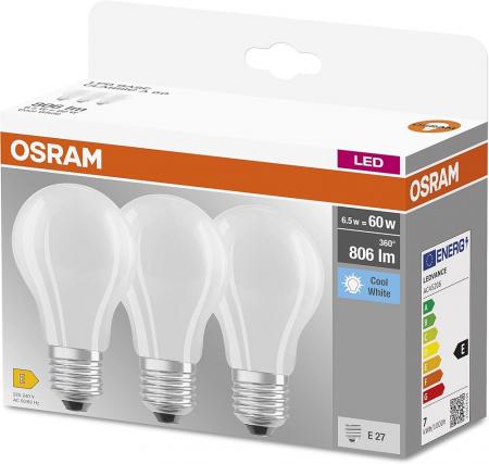3er Pack OSRAM LED BASE E27 Glühbirne matt 6,5W 60W Ersatz neutralweiß Bürolampe
