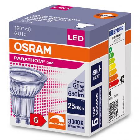 OSRAM GU10 PARATHOM  PAR16 dimmbar 120° Winkel 7,9W wie 50W 3000K warmweißes Licht mit hoher Farbwiedergabe