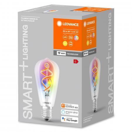 LEDVANCE Klare smarte E27 WiFi Kolben Filament Lampe RGBW Farbwechsel