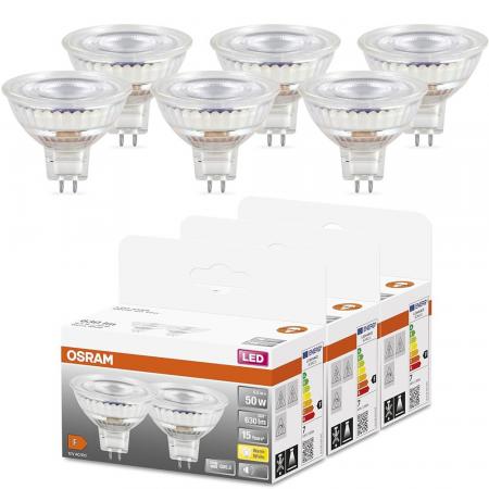 6er Pack Osram GU5.3 LED Niedervolt Reflektor Stecksockel Lampe MR16 36° 6,5W wie 50W warmweiß 2700K