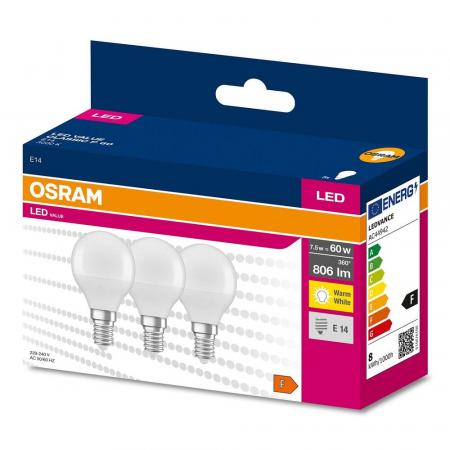 3er Pack OSRAM E14 LED Lampe in Tropfenform matt 7,5W wie 60W warmweißes Licht 3000K
