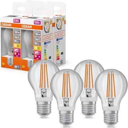 4er Sparset OSRAM E27 LED Lampe STAR MOTION SENSOR FILAMENT klar 7,3W wie 60W warmweißes Licht mit Sensor