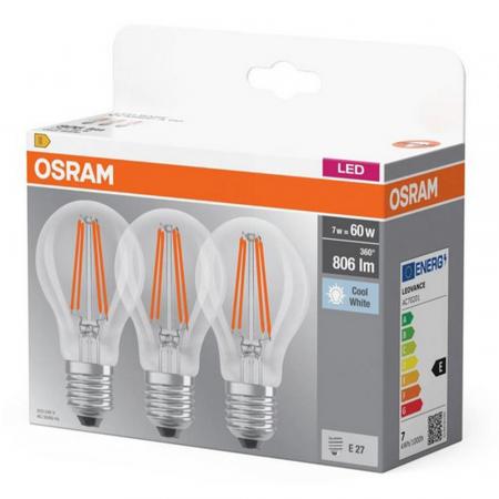 3er Pack Osram LED BASE E27 Filament Leuchtmittel 6,5W wie 60W neutralweisses Licht 4000K