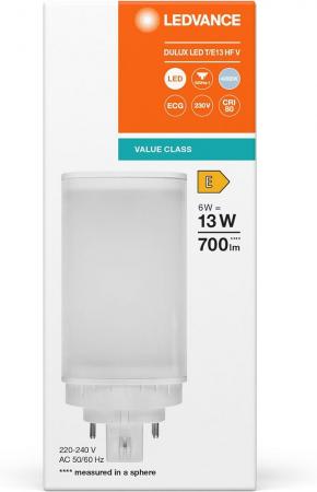 Ledvance DULUX LED T/E13 HF & AC MAINS V 6W 840 GX24Q-1  Kompaktlampe wie 42W 4000K neutralweißes Licht - EVG