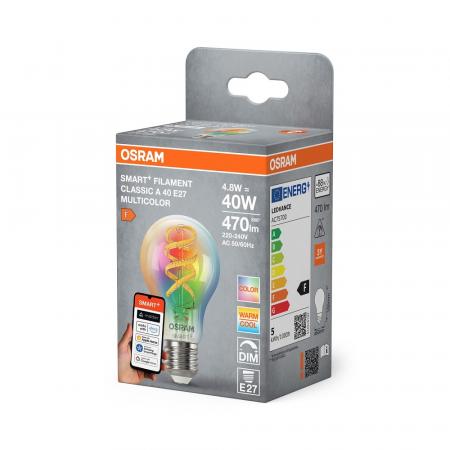 Osram E27 SMART+ MATTER Lampe A60 4,8W wie 40W Multicolor - dimmbar, steuerbar mit App oder Sprachassistent, Matter kompatibel