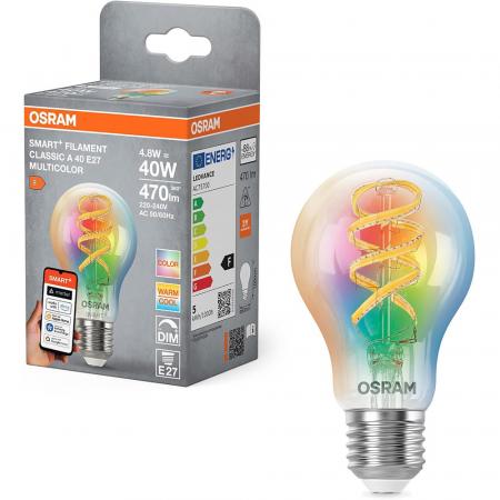Osram E27 SMART+ MATTER Lampe A60 4,8W wie 40W Multicolor - dimmbar, steuerbar mit App oder Sprachassistent, Matter kompatibel
