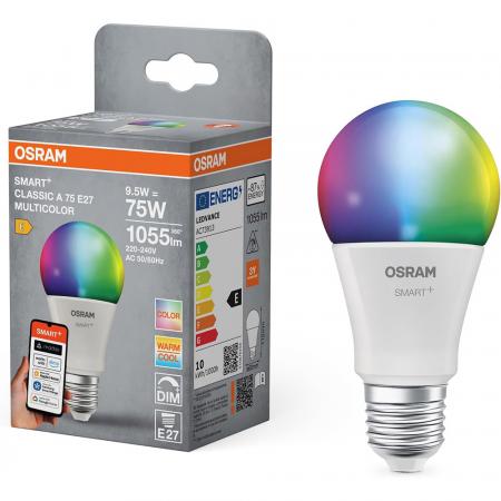 OSRAM E27 SMART+ MATTER Classic A75 LED-Lampe 9,5W Multicolor 2700-6500K - Matter over WiFi, App- und Sprachsteuerung, 9,5W, 16 Mio. Farben