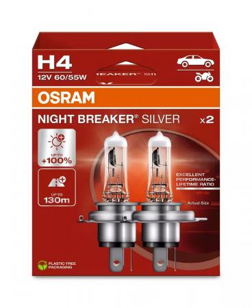 2er Pack OSRAM P43t NIGHT BREAKER SILVER H4 Scheinwerferlampe mit Leuchtweite von bis zu 130 m