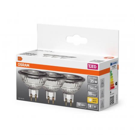 3er Pack OSRAM GU5.3 LED MR 16 Strahler 3,8W wie 35W 36°-Abstrahlwinkel 2700K warmweißes Licht 12V