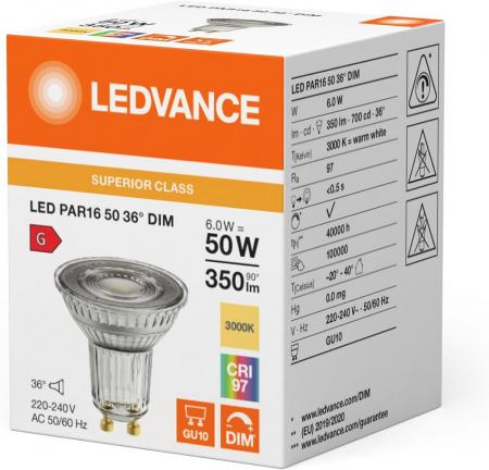 Ledvance GU10 PAR16 Reflektor 36° 6W wie 50W dimmbarer warmweißer Strahler 3000K 97Ra sehr hohe Farbwiedergabe