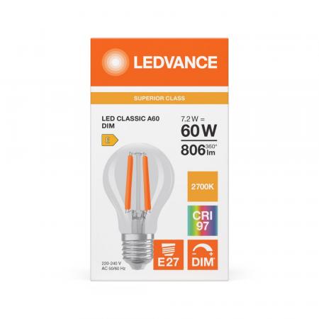 Ledvance E27 LED Lampe Classic dimmbar klar 7,2W wie 60W 2700K warmweißes Licht CRI97 sehr hohe Farbwiedergabe