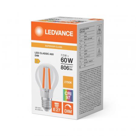Ledvance E27 LED Lampe Classic dimmbar klar 7,2W wie 60W 2700K warmweißes Licht CRI97 sehr hohe Farbwiedergabe