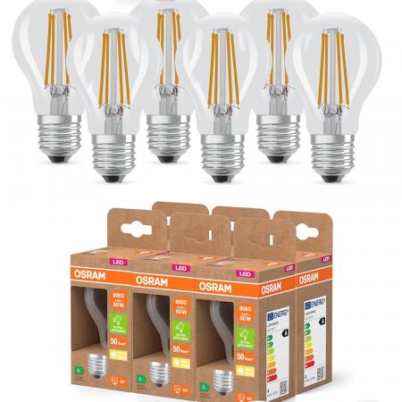 6er Pack OSRAM E27 LED Lampe Classic klar 3,8W wie 60W warmweißes Licht 2700K - Energy efficiency class A - besonders effizient