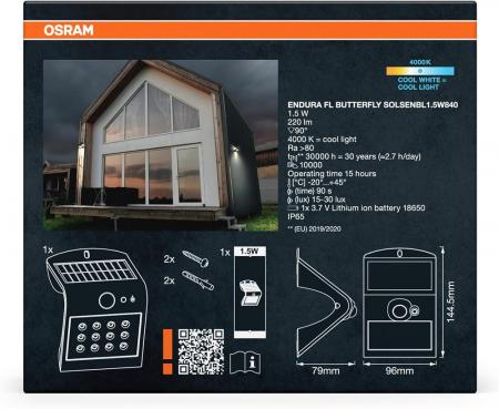Osram Solar LED Außen Flutlicht ENDURA Flood Butterfly mit Sensor 1,5W 4000K neutralweißes Licht - Batterie aufladbar, umweltfreundlich, lange Lebensdauer, einfache Montage, IP65