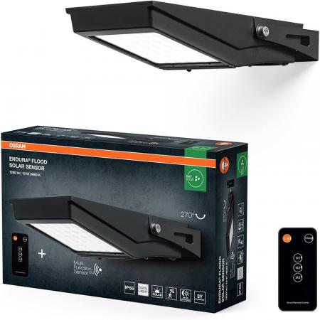 Osram Solar LED Außen Fluter ENDURA FLOOD mit Sensor 10W 4000K neutralweißes Licht - Fernbedienung, lange Batterielaufzeit bis zu vier Stunden bei voller Helligkeit, Schutzklasse IP65